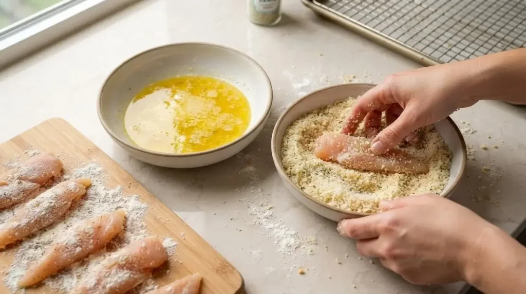 Prep stations for dredging raw chicken tenders in butter olive oil mixture and Panko ranch seasoning.