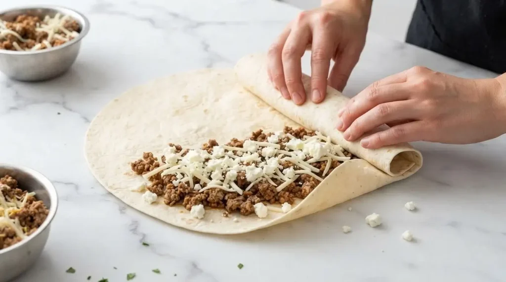 Layering seasoned ground beef and crumbled feta cheese on a flat tortilla wrapper before rolling tight.