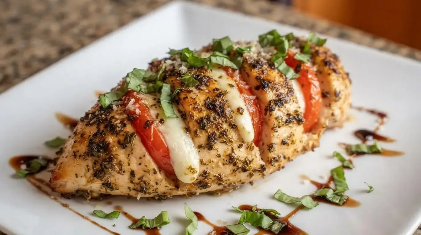 Baked Caprese Hasselback chicken breasts stuffed with melted mozzarella cheese and red tomatoes drizzled with balsamic glaze.