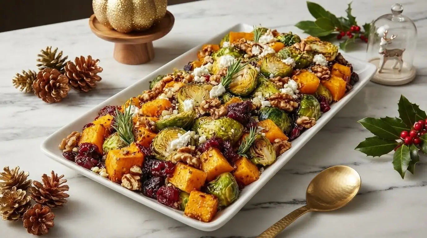Platter of Roasted Butternut and Brussels Sprouts Holiday Salad with feta cheese, walnuts, and cranberries.
