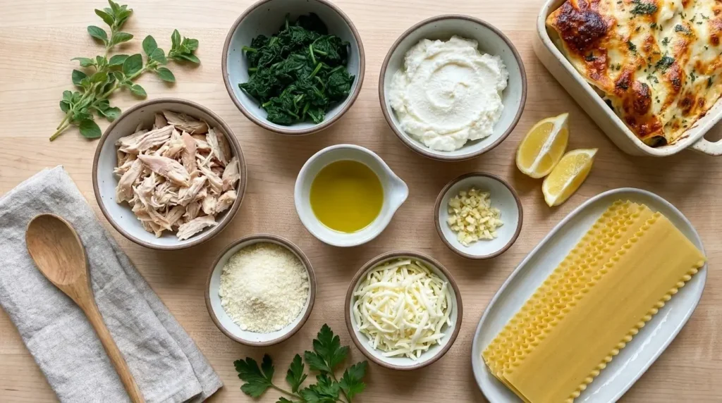 Fresh Mediterranean ingredients for white chicken spinach lasagna with ricotta laid out on a marble table.