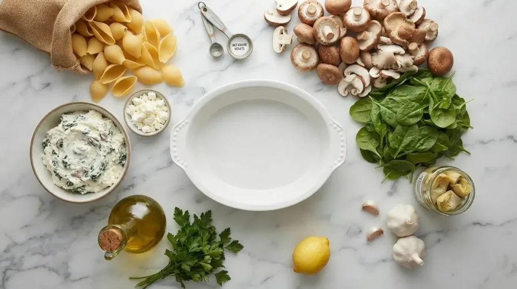 Ingredients for Artichoke, Spinach, and Wild Mushroom Stuffed Shells including wild mushrooms, spinach, cheeses, and olive oil.