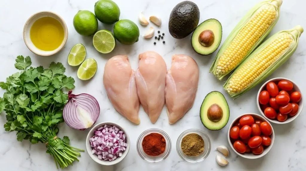 Fresh ingredients laid out for making Fiesta Lime Chicken with Avocado Corn Salsa.