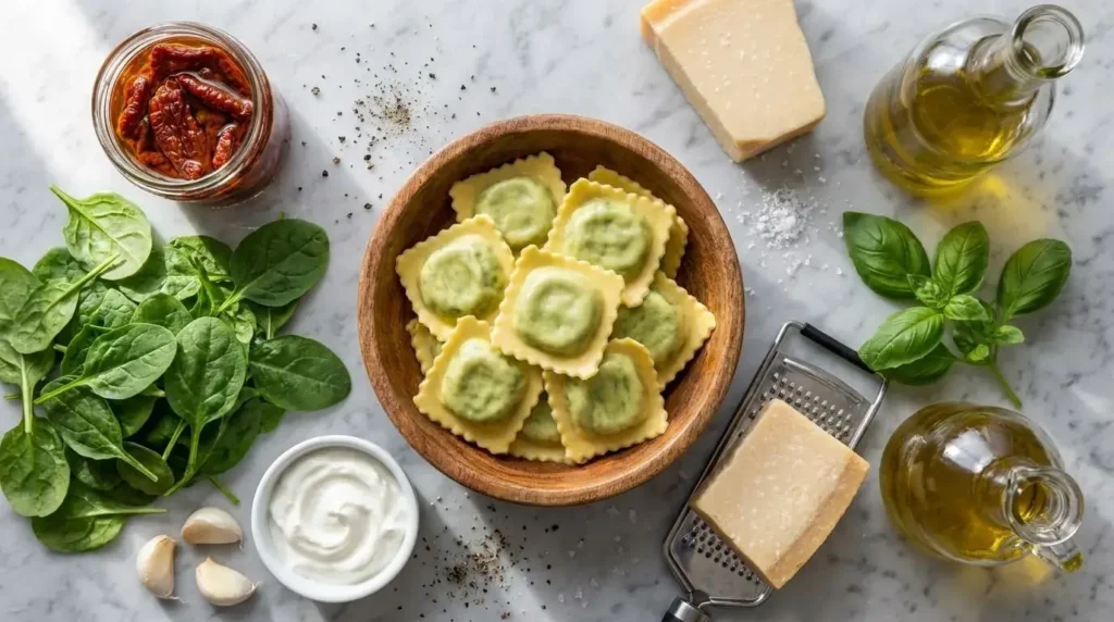 Fresh ingredients for Creamy Tuscan-Inspired Ravioli including ravioli, spinach, sun-dried tomatoes, garlic, and Greek yogurt.