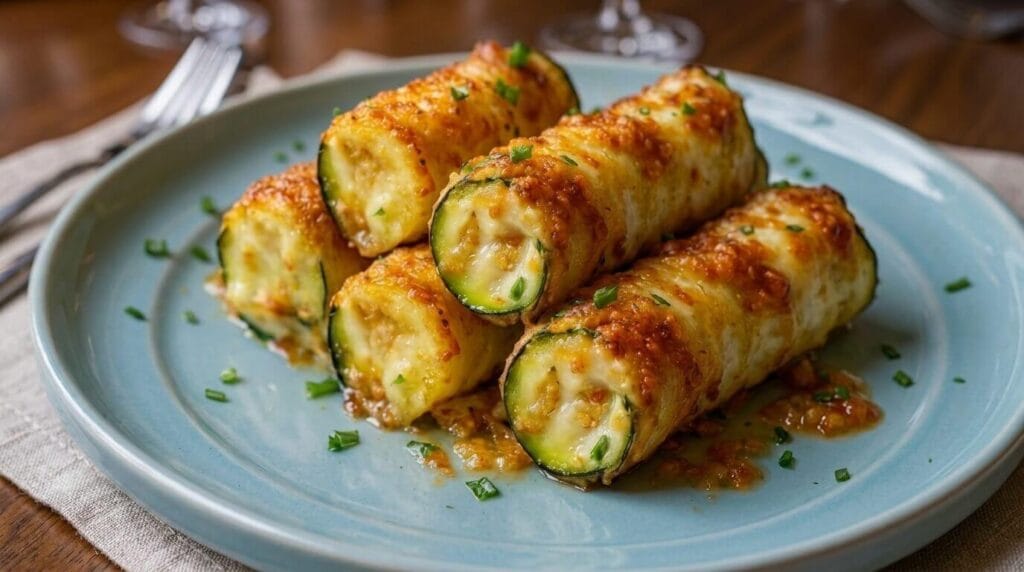 Baked Italian Zucchini Roll-Ups topped with golden melted cheese and fresh chives on a blue plate.