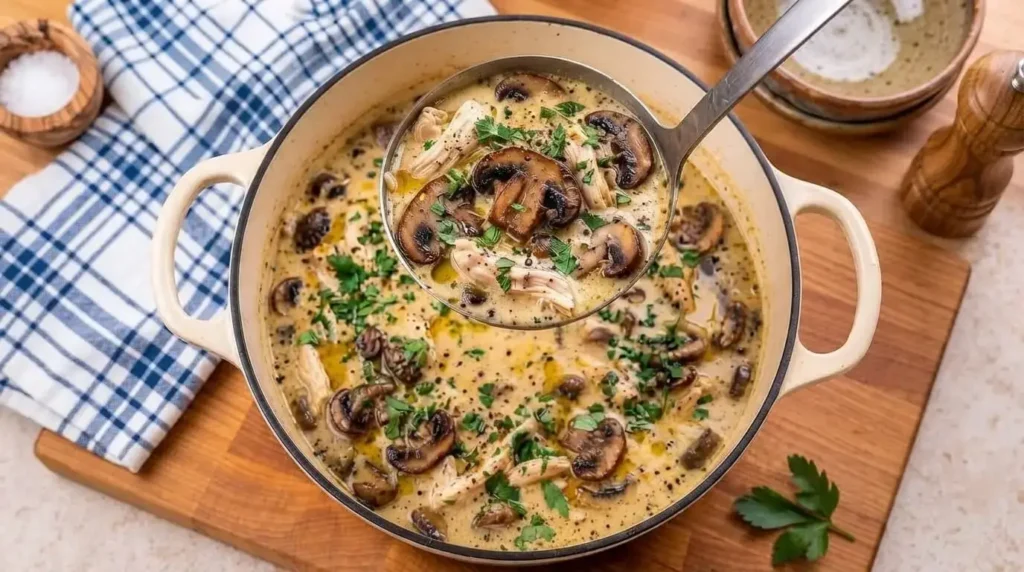 A bowl of healthy rotisserie chicken mushroom soup served with crusty bread on a rustic wooden table.