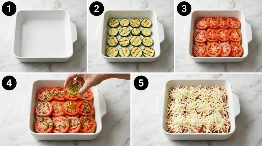 Step-by-step layering of seared zucchini slices and red tomatoes with cheese in a white baking dish.