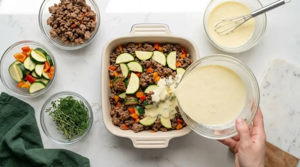 Layering browned ground beef, sliced zucchini half-moons, and Greek yogurt egg mixture in a baking dish.