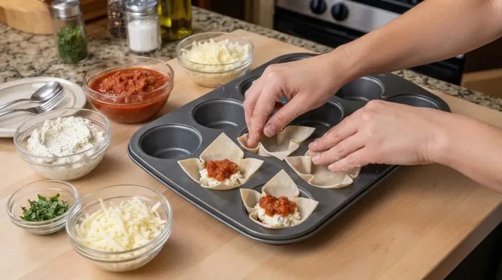 Step-by-step prep showing wonton wrappers pressed into a 12-cup muffin tin and layered with ricotta cheese and savory meat sauce.