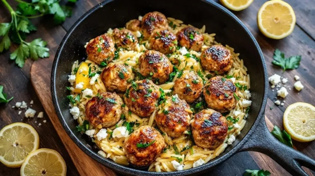 Lemon Chicken Feta Meatballs with Garlic Orzo in a black cast iron skillet topped with fresh parsley and crumbled feta.