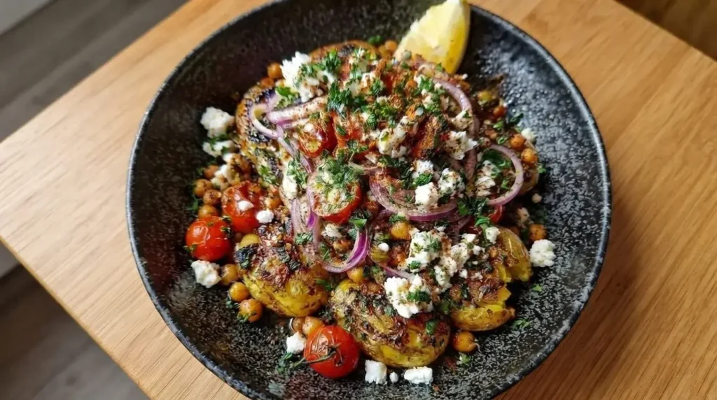 Mediterranean Loaded Smashed Potato Salad topped with chickpeas, feta cheese, red onions, and fresh parsley in a dark ceramic bowl.