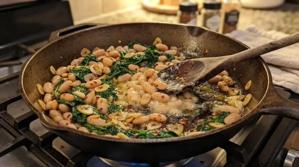 Mashing white beans against the skillet wall with a wooden spoon to create a creaminess without dairy.