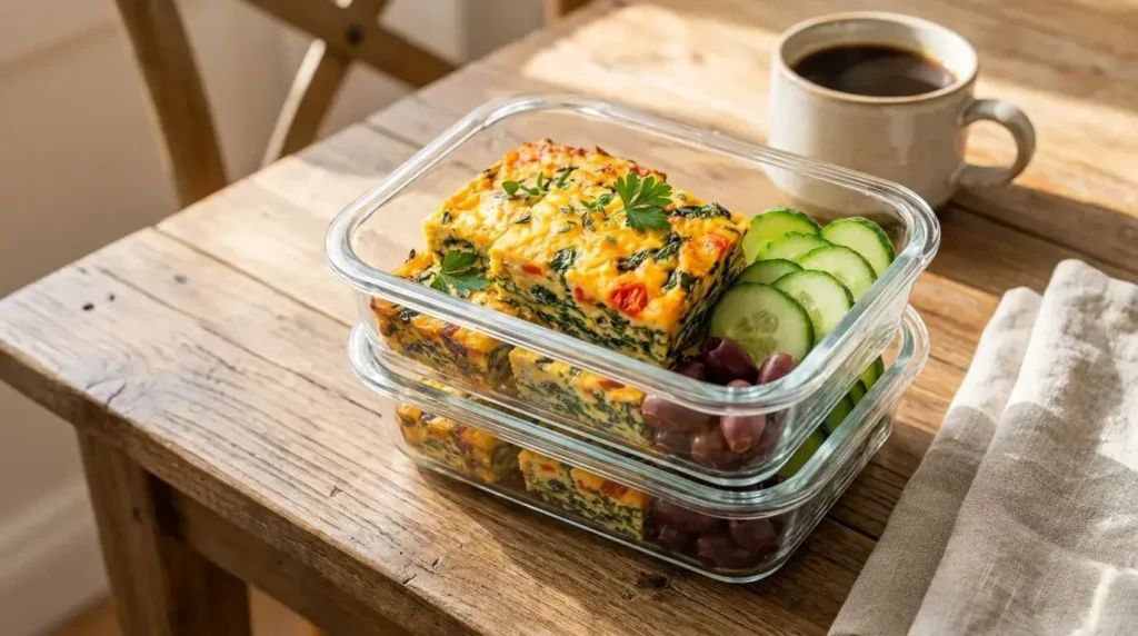 Three glass meal prep containers stacked with Spinach and Tomato Egg Bake Squares, fresh cucumber slices, and Kalamata olives for healthy breakfast prep.