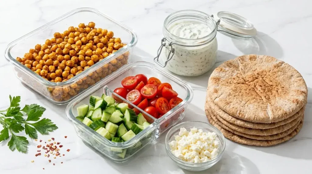 Glass meal prep containers holding roasted chickpeas, chopped cucumber, tomatoes, tzatziki, and whole wheat pita bread.