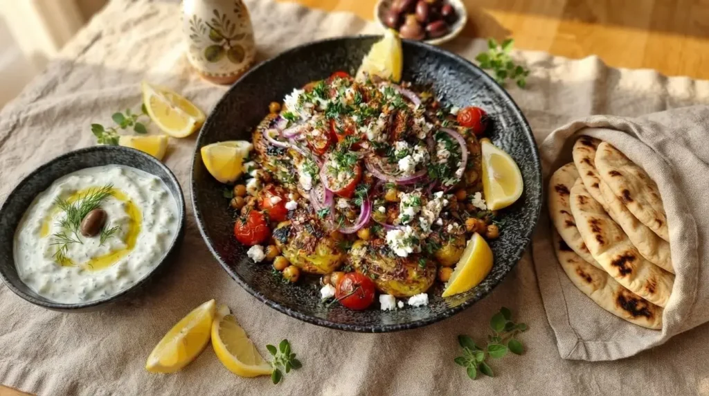 Serving platter of Greek style crispy smashed potato salad alongside pita bread and tzatziki dip.