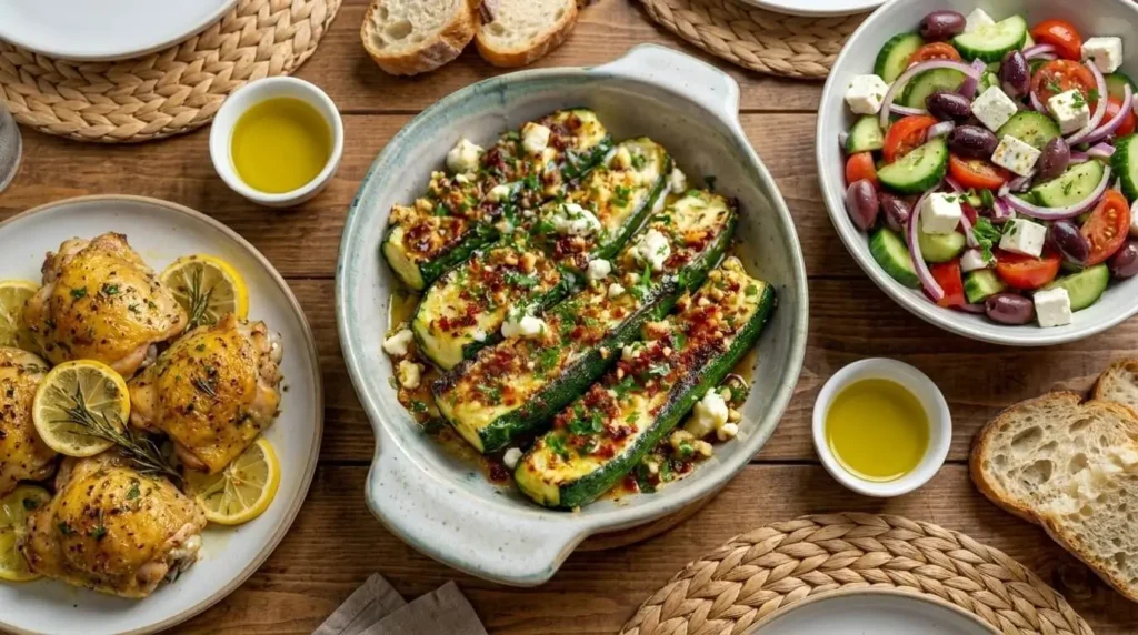 Mediterranean dinner table featuring crispy roasted zucchini with feta alongside roasted garlic lemon chicken and fresh Greek salad.