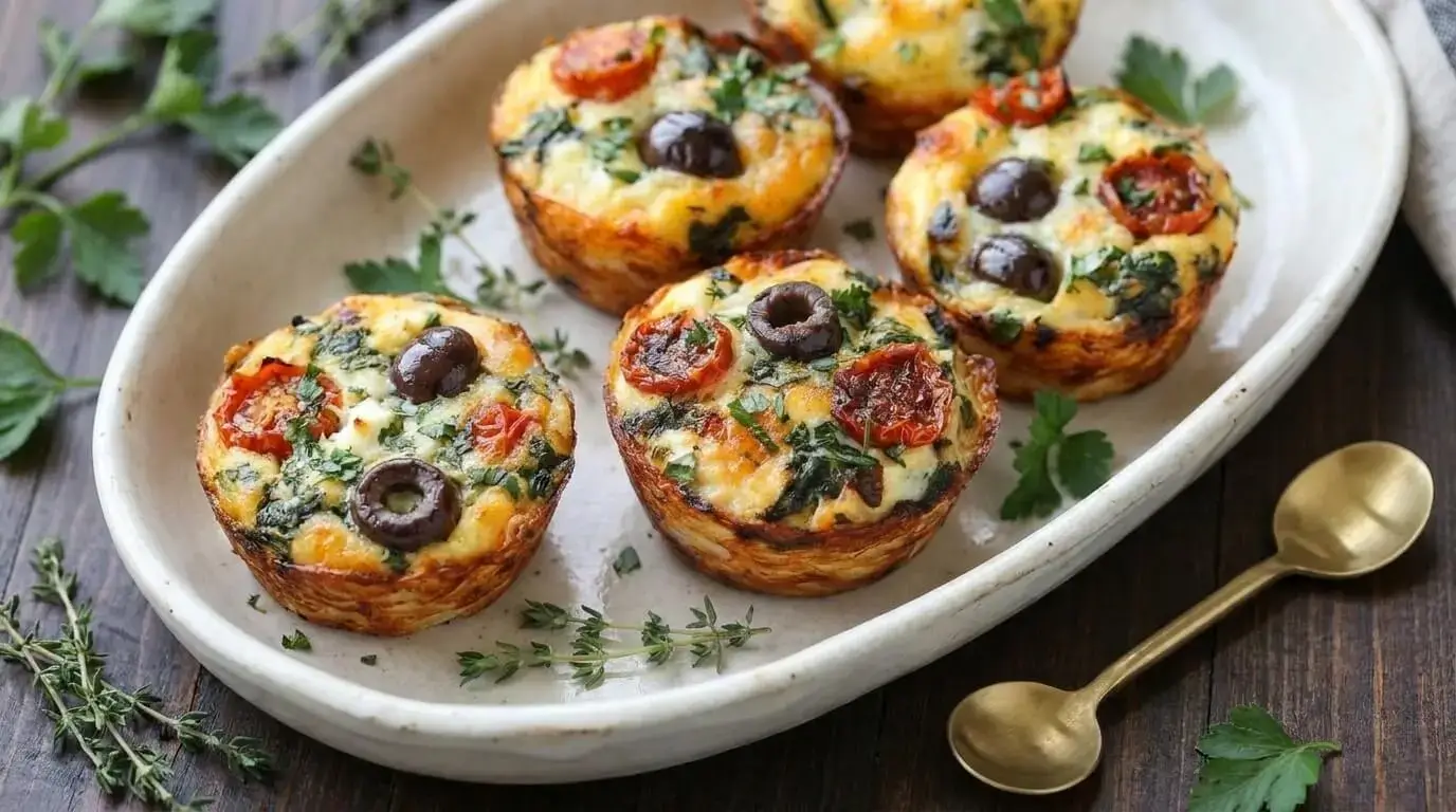 Freshly baked Mediterranean egg muffins with sun-dried tomatoes, Kalamata olives, and feta cheese in a white ceramic baking dish.