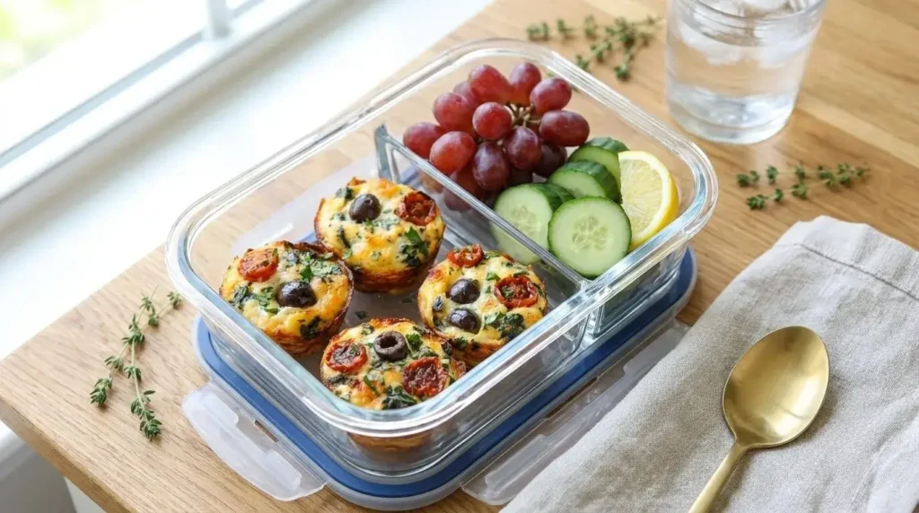 Healthy Mediterranean meal prep container filled with egg muffins, fresh cucumber slices, and red grapes.