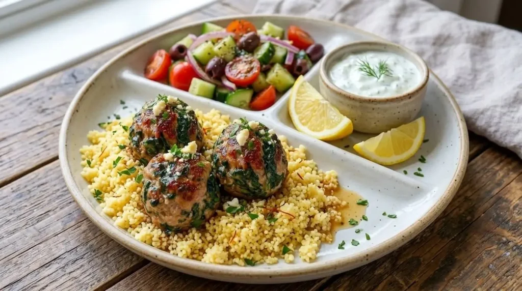Mediterranean meal prep plate with spinach feta turkey meatballs, fluffy couscous, Greek salad, and tzatziki.