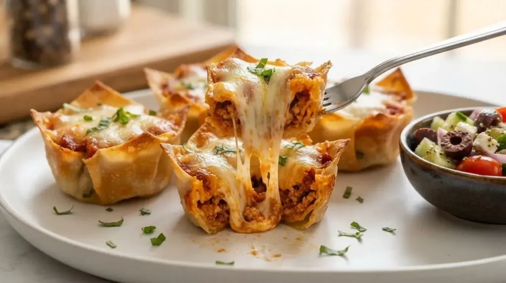 Three golden crispy mini lasagna cups served on a white ceramic plate garnished with chopped fresh basil.