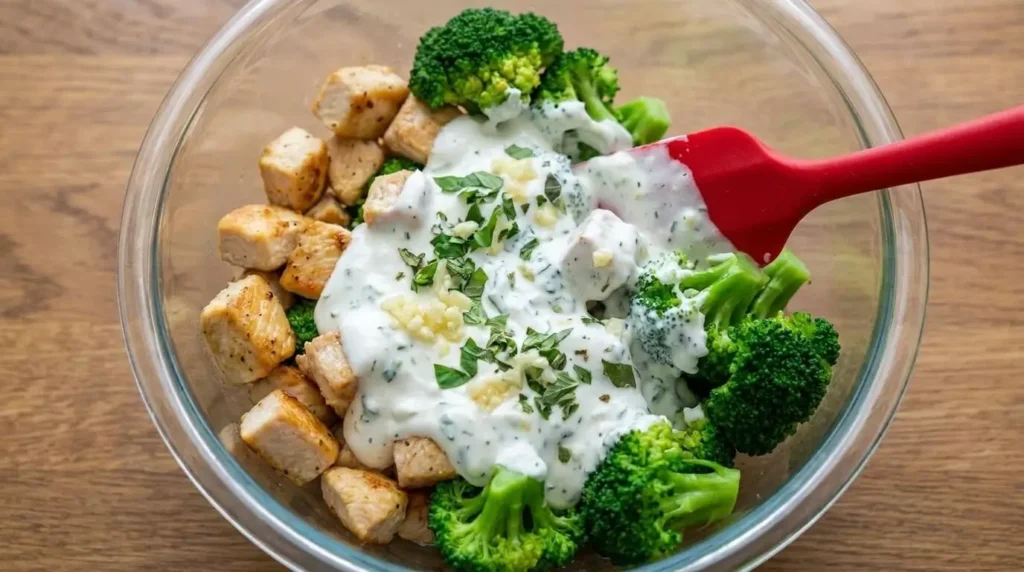 Folding seared chicken breast and blanched broccoli florets into garlic Greek yogurt cream base in a glass bowl.