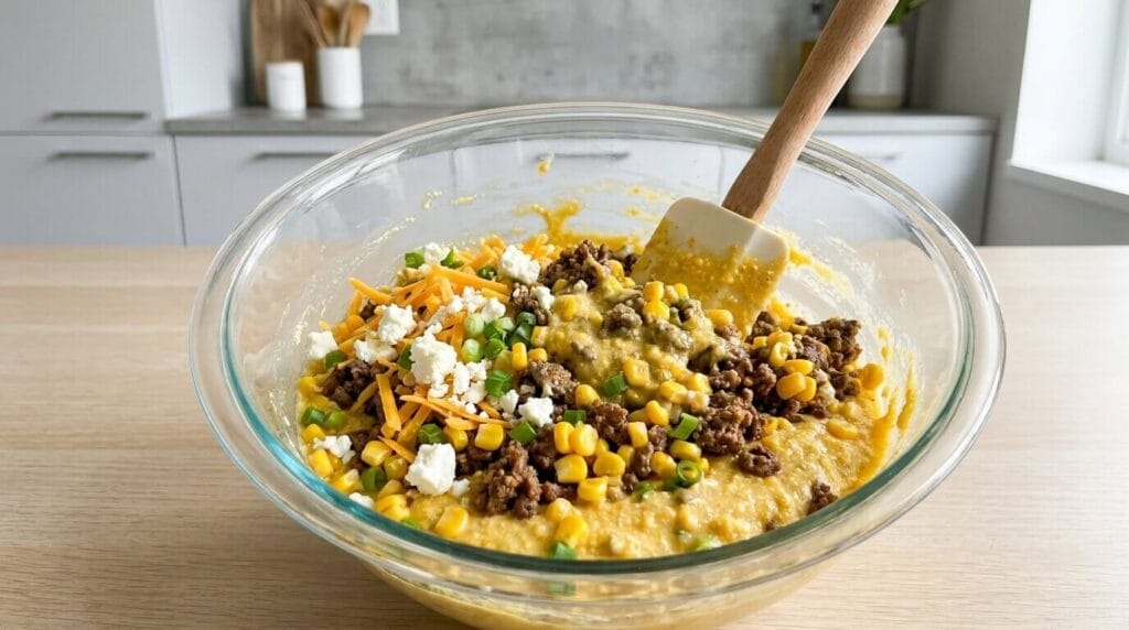 Folding ground beef, cheddar, feta, corn, and jalapeños into cornbread batter in a glass bowl.