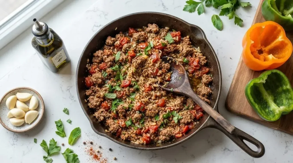 Cast iron skillet containing spiced ground lamb, fire-roasted tomatoes, and brown rice filling for stuffed bell peppers.
