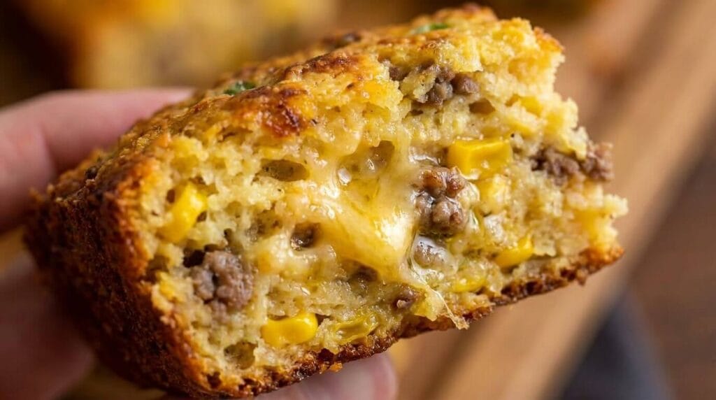 Close-up texture shot of a beef and sweetcorn muffin square showing moist interior crumb and cheesy melted pockets.