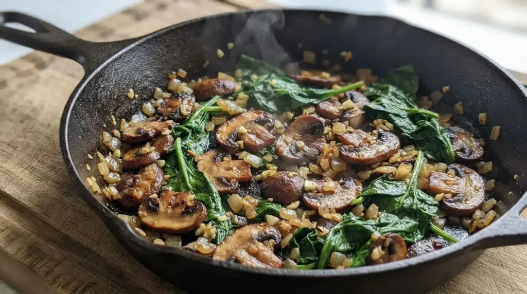 Sautéing cremini mushrooms and spinach in extra virgin olive oil until liquid evaporates in a skillet.