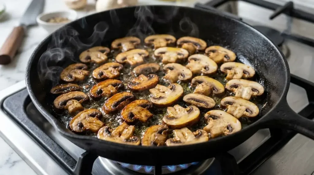 Cremini mushroom slices searing in a skillet with olive oil to a deep golden brown color.