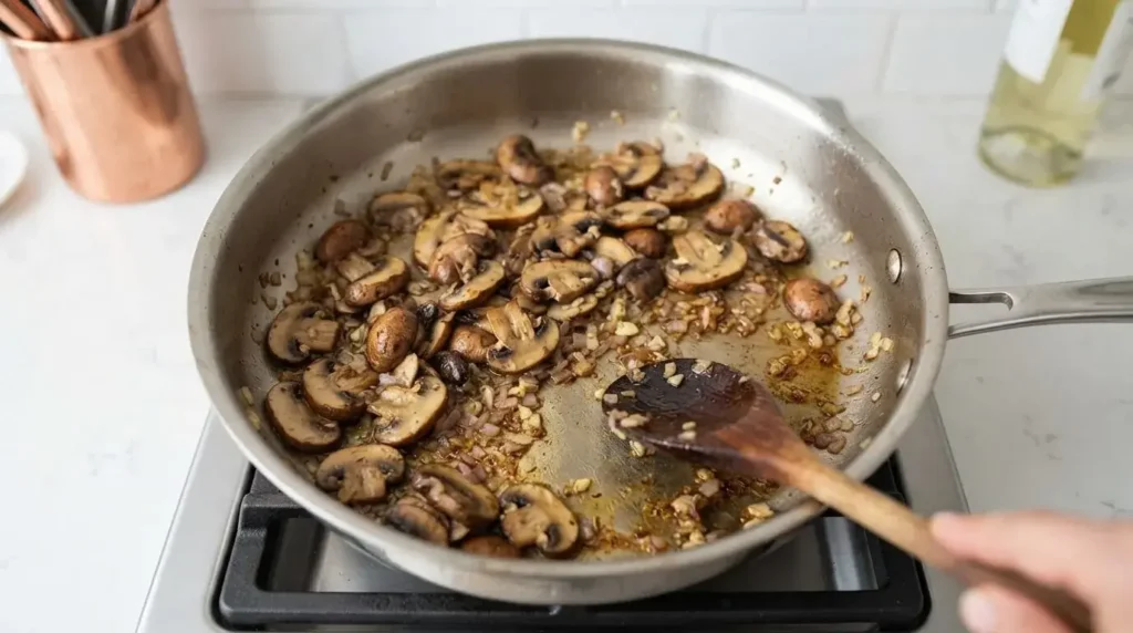 Sautéing cremini mushrooms and minced shallots in a hot skillet for lemon chicken pan sauce.