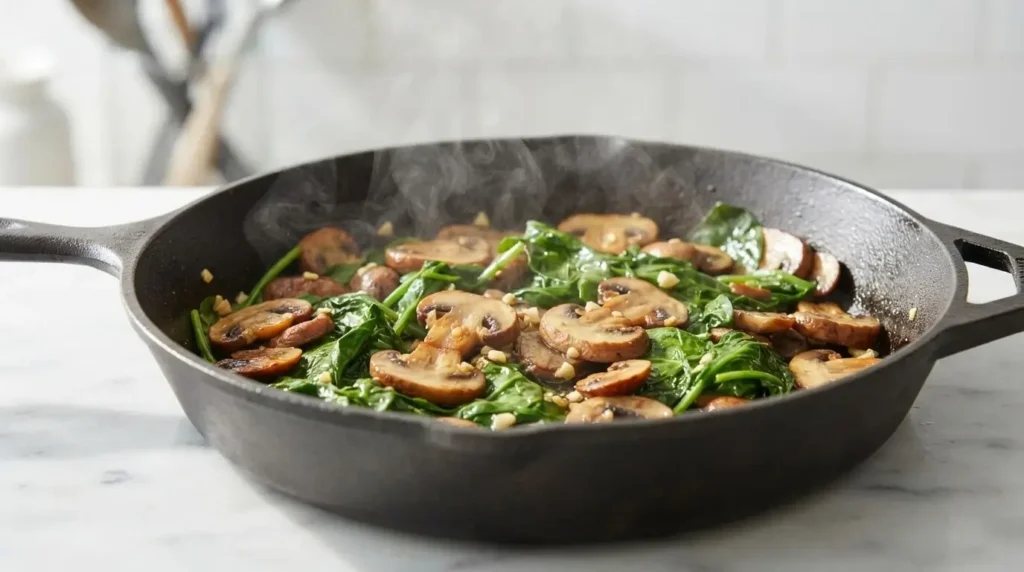 Sautéing cremini mushrooms and baby spinach in extra virgin olive oil in a skillet.