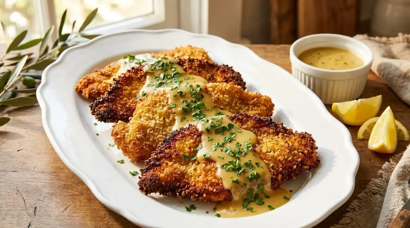 Crispy parmesan chicken cutlets drizzled down the center with garlic sauce and garnished with fresh parsley on a white platter.