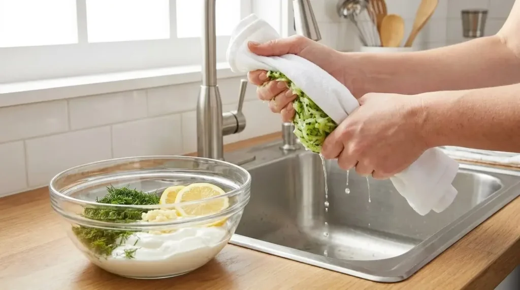 Wringing out excess water from grated cucumber with a white towel to make thick homemade tzatziki sauce.