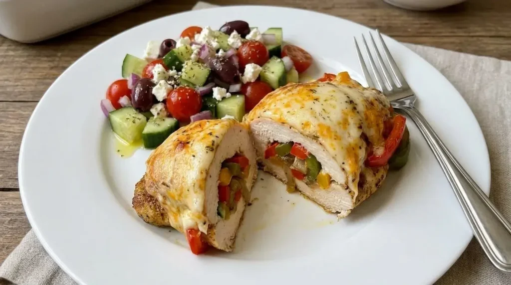 Sliced cheesy fajita stuffed chicken breast served on a plate with Greek chopped salad.