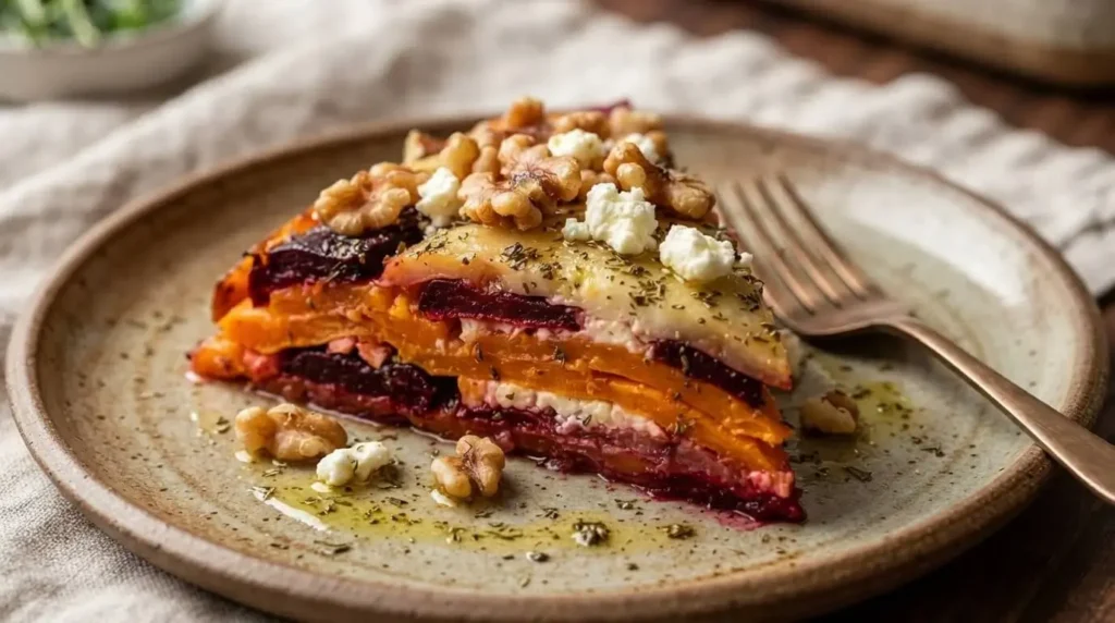 Close-up plated slice of root vegetable tian showing layers of beets, sweet potatoes, creamy feta, and walnuts.