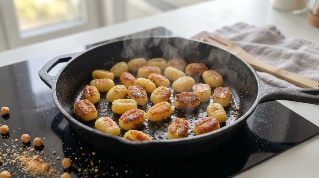 Pan searing potato gnocchi directly in a hot skillet with olive oil without boiling.