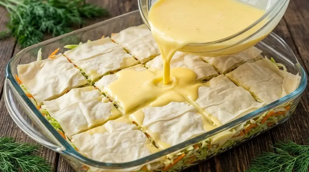 Pouring egg and yogurt custard over uncooked cabbage and carrot phyllo pie layers.