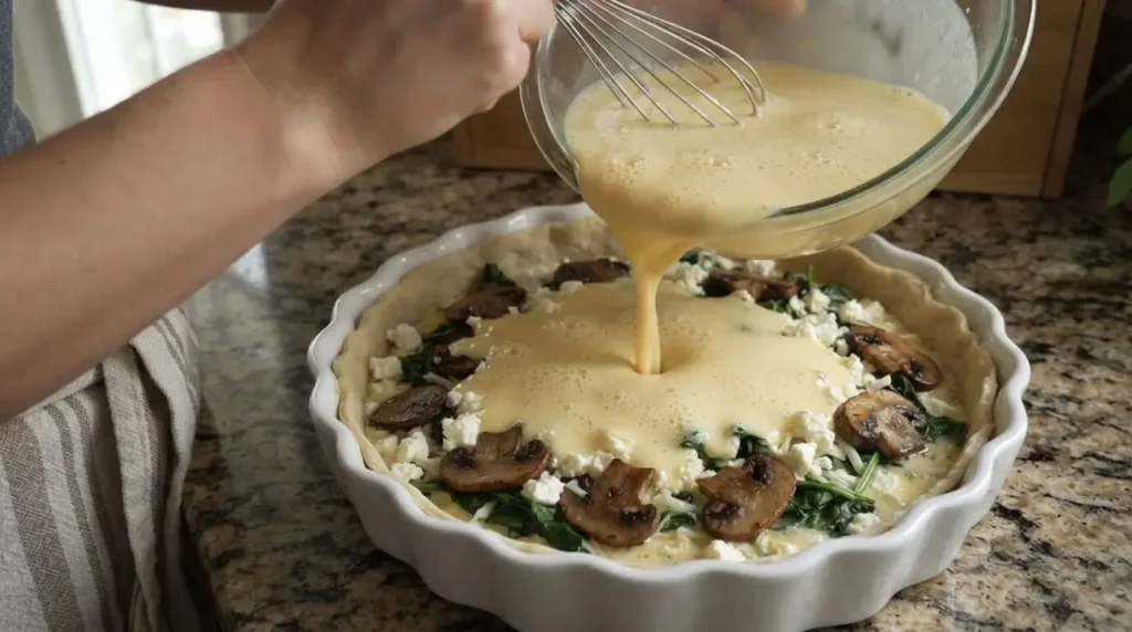 Pouring whisked egg custard over spinach, mushrooms, and feta cheese in a white quiche dish.