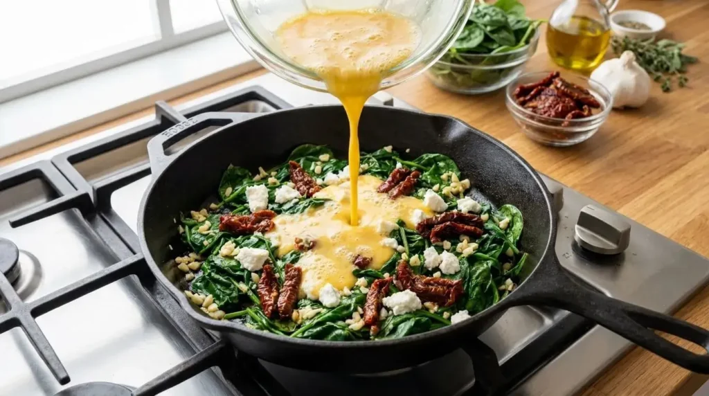 Pouring whisked egg mixture over wilted spinach, sun-dried tomatoes, and goat cheese in a cast iron skillet.