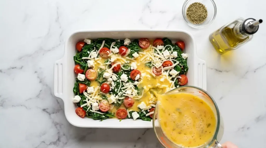 Top-down view of layering sautéed spinach, halved cherry tomatoes, and crumbled feta cheese in a baking dish before pouring whisked eggs over top.