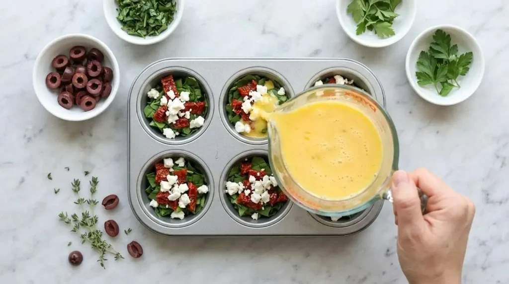 Step-by-step preparation showing vegetable and feta layering into a muffin tin before pouring egg mixture.