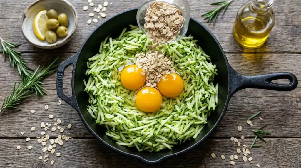 Freshly grated zucchini, raw eggs, and rolled oats inside a pan ready to be mixed for a savory bake recipe.