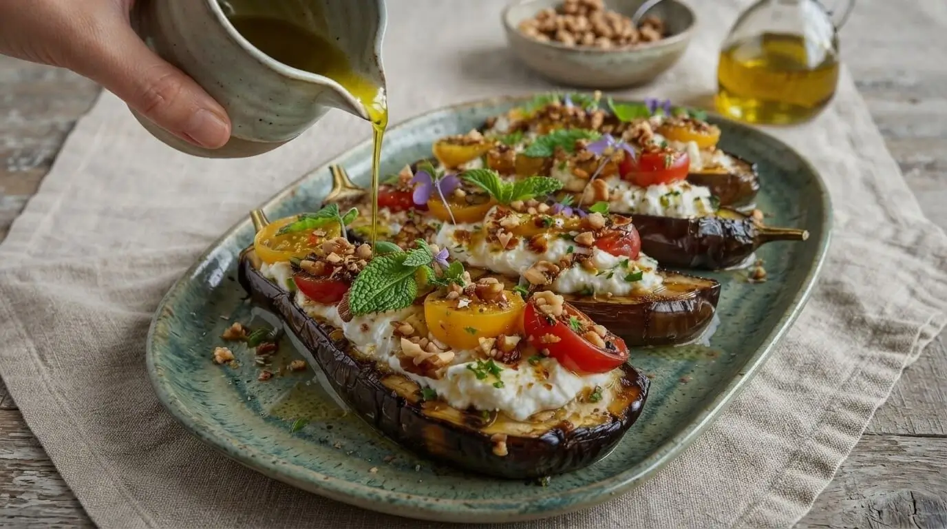 Roasted stuffed eggplant boats topped with whipped feta, yellow and red cherry tomatoes, toasted walnuts, fresh mint, and purple flowers drizzled with olive oil.