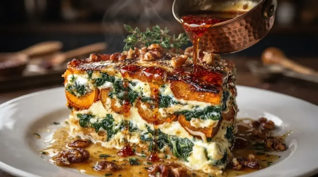 Drizzling warm raspberry honey glaze over toasted walnuts on top of baked sweet potato lasagna.