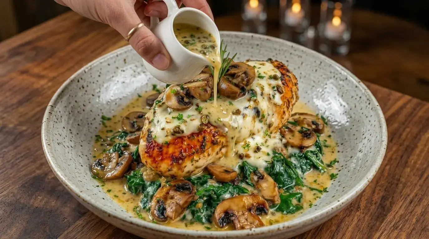Low Carb Garlic Chicken Breast with Spinach and Mushrooms topped with melted mozzarella and glossy caper sauce in a bowl.