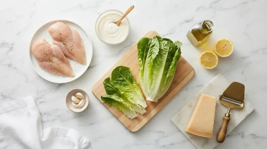 Ingredients for Greek yogurt chicken Caesar roll-ups including lemon, garlic, Greek yogurt, chicken breast, and romaine lettuce.