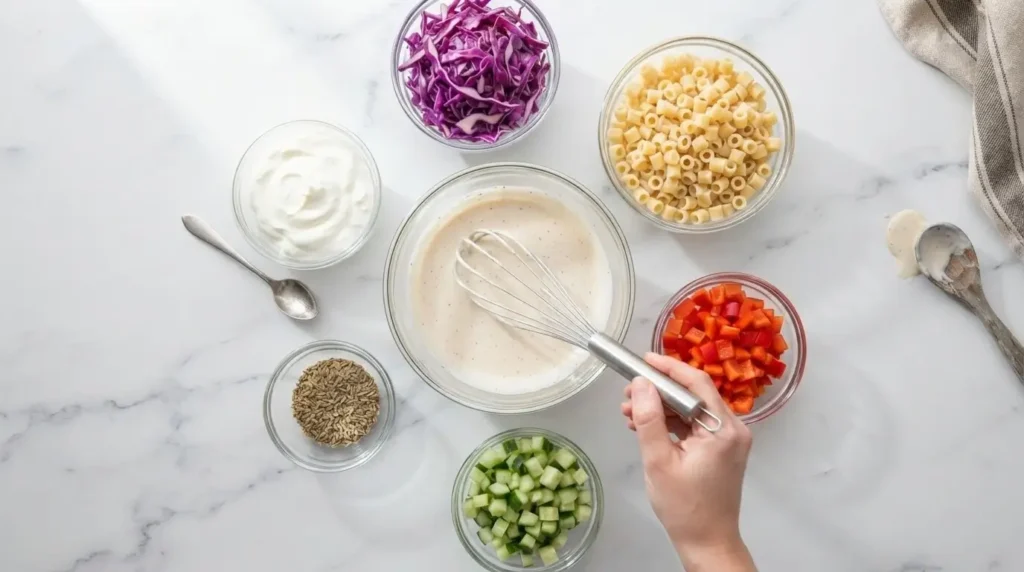 Ingredients for coleslaw pasta salad including Greek yogurt, ditalini pasta, chopped vegetables, and celery seeds arranged on a marble counter.