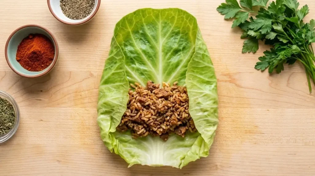 Step-by-step assembly for baked stuffed cabbage rolls recipe showing how to fold and roll cabbage leaves around meat filling.