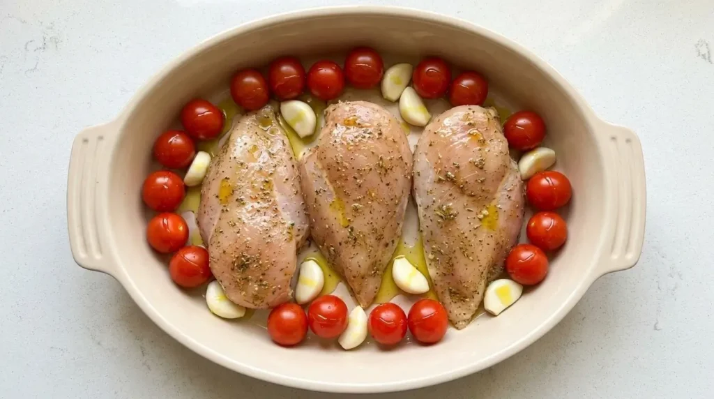 Arranging raw marinated chicken breasts, whole cherry tomatoes, and garlic cloves in a ceramic baking dish before roasting.